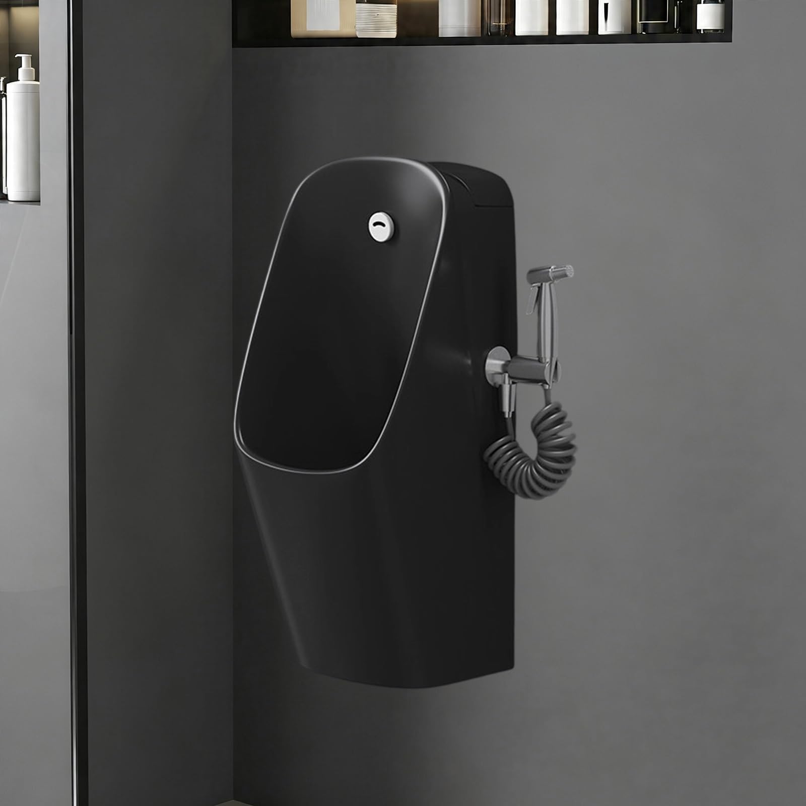 Urinario de Pared de Cerámica con Pistola, Sensor Descarga Doble Modo | Pistola de alta presión. Descarga automática. Tapón antiolor. Esmalte autolimpiable(Black,Sensor)