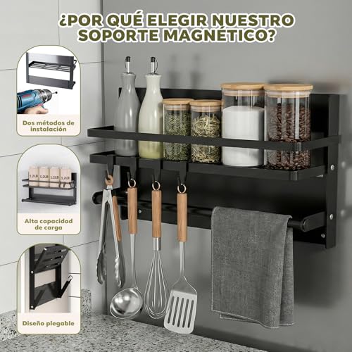 Ribech Estante para Especias con Soporte de Papel – Estantería de Pared Inoxidable Magnética & sin Taladrar, con 4 Ganchos para Cocina & Baño, Negro - imagen 3