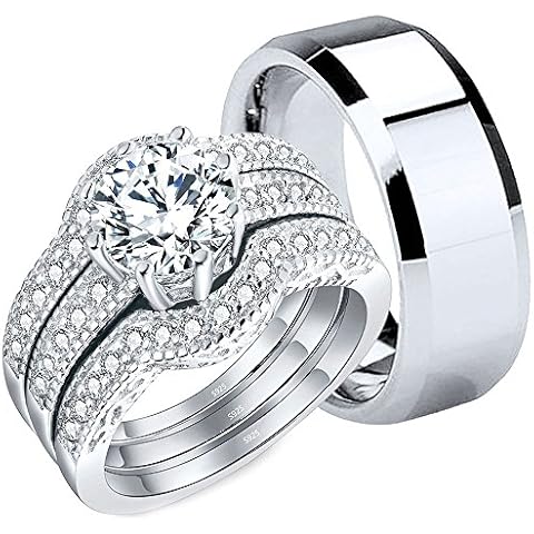 MABELLA Couples Rings Her Halo CZ Sterling Silver Engagement Wedding Ring Sets His Stainless Steel Bands Cover