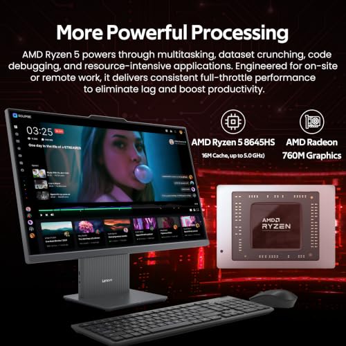 Image of Lenovo IdeaCentre AIO 27 inch FHD IPS Touch All-in-One Desktop, AMD Ryzen 5 8645HS, 16GB RAM, 2TB Storage (1TB SSD&1TB Dock), AMD Radeon 760M, Wireless Keyboard & Mouse, Webcam, Wi-Fi 6, Win 11, Grey