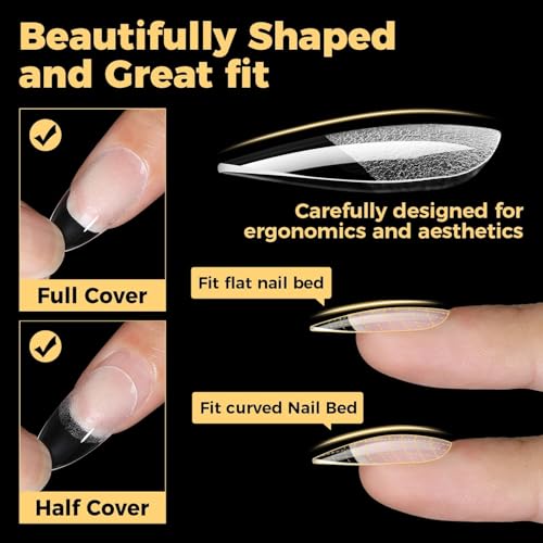 Image of UNA GELLA 600 Pcs Almond Gel Nail Tips, Pre Etched Medium Almond Nail Tips, 12 Sizes Full Cover Fake Clear Press On Nails for Flat & Curved Nails Bed Extension Home DIY Salon