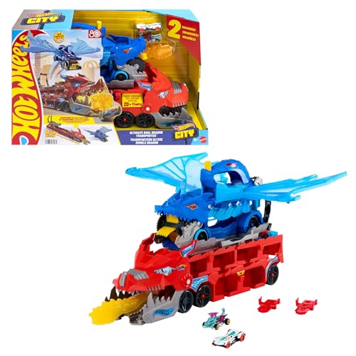 Hot Wheels City Dragón transportador con Ataque Doble definitivo Conjunto de Pista de Coches de Juguete con 2 Coches metálicos, dragón a Gran Escala y Desmontable, Capacidad más 20 vehículos, JKJ79