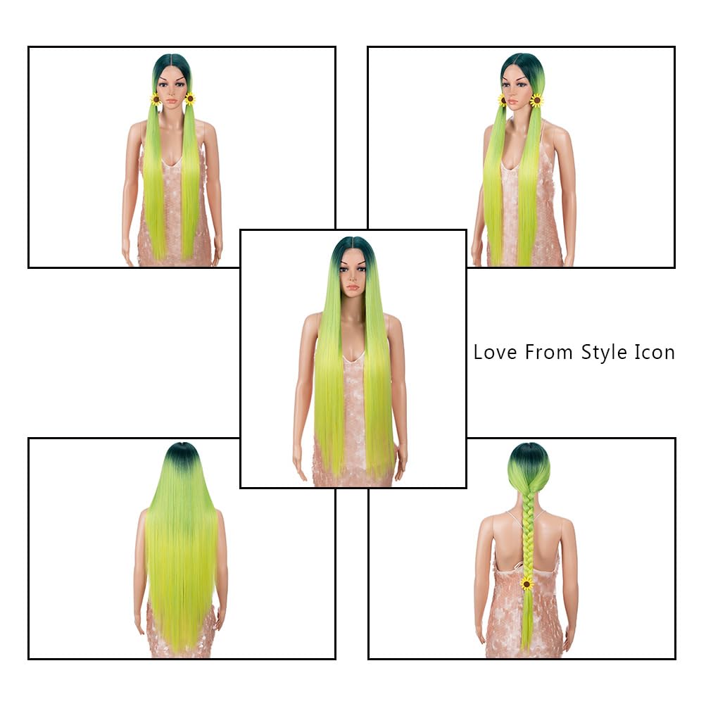 Style Icon 38" Ombre Green Yellow Lemon Wig Super Long Straight Wigs 6" Deeper Middle Part Lace Lace Front Wigs Multiple Color Long Straight Wig (38", GTGN3/YEW3/LEMON)