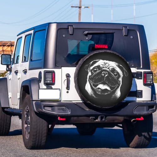 Image of Black and White Pug Face Polyester Tire Covers 16 inch Wheel Adjustable Car Cover Fit Trailer RV SUV Many Vehicles Car Diameter 29 inch-31 inch