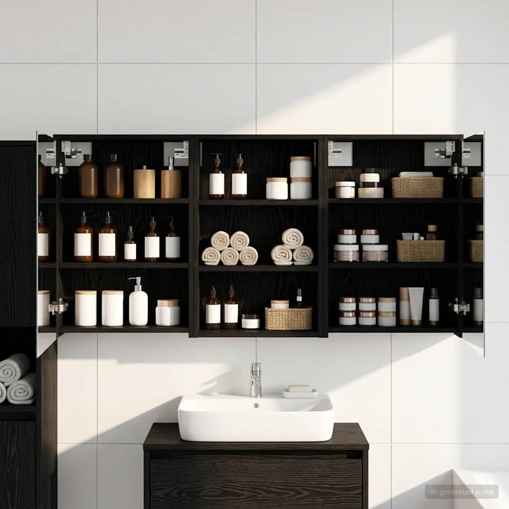 Set di mobili da bagno in legno, 3 pezzi, 126 x 16 x 62,5 cm, con illuminazione a LED, specchio a due vie, vano portaoggetti, montaggio a parete per mobili da bagno, mobiletto sottolavabo