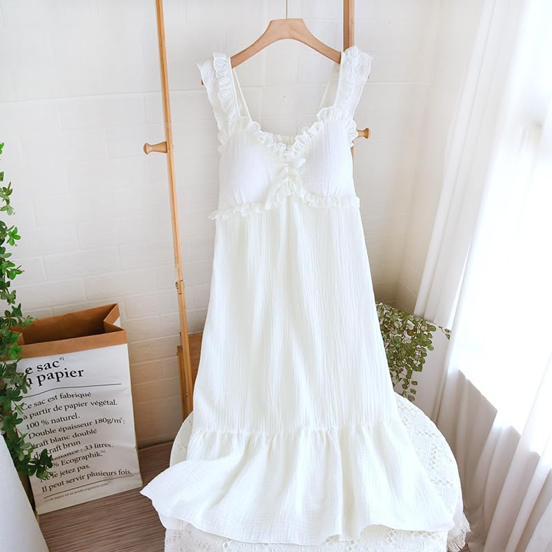 Womens Built in Bra Cotton Nightgown Sweet Gauze Dress Ruffle Strap Summer Lounge Dress2