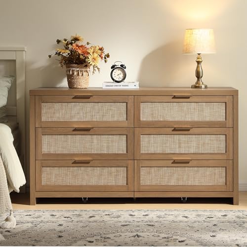 Image of SICOTAS Rattan Dresser for Bedroom, 57 inch Wide 6 Drawer Dresser with Ample Storage, Dressers Large Chest of Drawers, Closet, Boho TV Stand for Bedroom (Reclaimed Caramel Oak, 1 Piece)