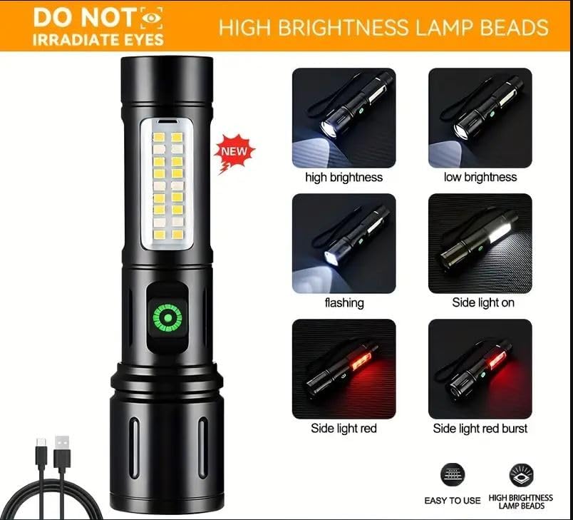 Image of Sarjak Rechargeable Aluminum Alloy Flashlight - Black | with Three Level Lights Adjustments | Durable and Waterproof Torch Light for Camping, Hiking and Outdoors | Compact & Portable LED Torch