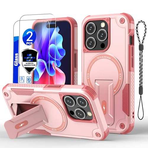 for iPhone 15 Pro case[Compatible with MagSafe][with (2 Pack) Tempered Glass Screen Protector][Built in Invisible Stand]Not Fading，military-grade Shockproof Protective Phone Cover 6.1-inch(Pink) by GuardCase - Used condition - US$9.71
