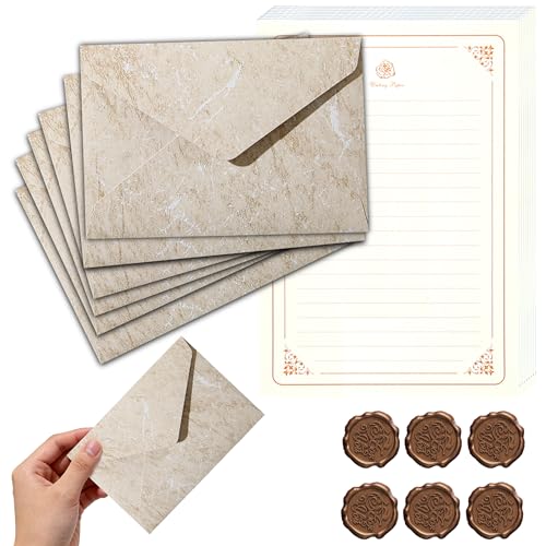 Carta da Lettere con Busta Vintage – Set Completo 6 Buste + 20 Fogli A5 14,5x21cm + 6 Sigilli Decorativi – Carta Pergamena da Scrivere per Lettera Romantica, Matrimonio, Inviti