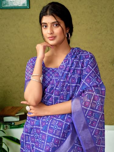 Image of Satrani Women's Linen Printed & Zari Border Ready To Wear One Minute Pre Pleated Readymade Saree with Unstitched Blouse Piece