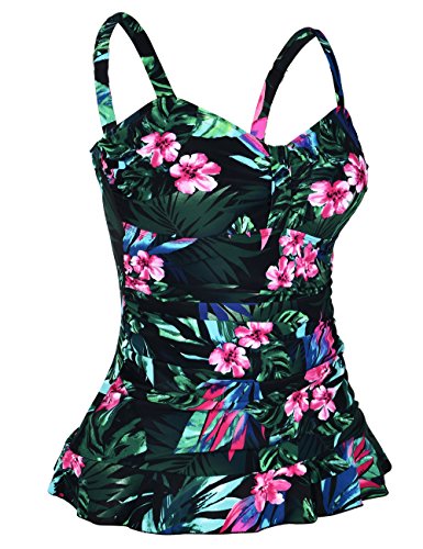 Image of Hilor Women's 50's Retro Ruched Tankini Swimsuit Top with Ruffle Hem