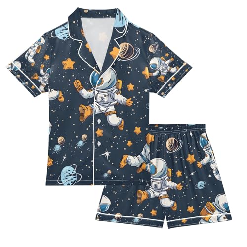 senya Cartoon Astronauts A Satin Summer Pajama Sets Silk Short Sleeve Button Down Sleepwear