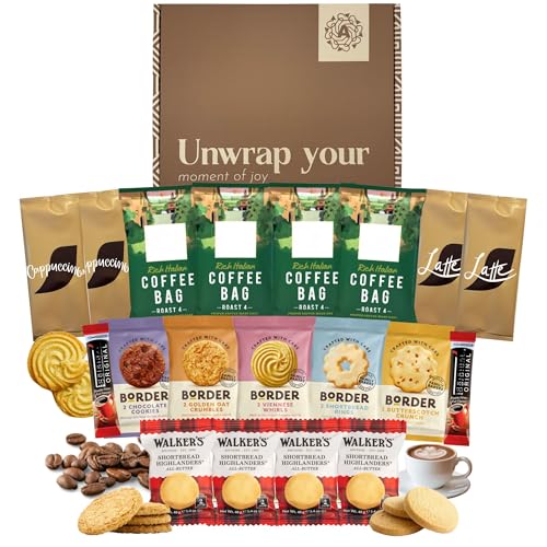 Coffee Gift Set - This Coffee Hamper Includes 24x Items, featuring Coffeebags, Latte & Cappuccino Sachets, Border Biscuits & Walkers Shortbread. Food hamper gift set for men and women