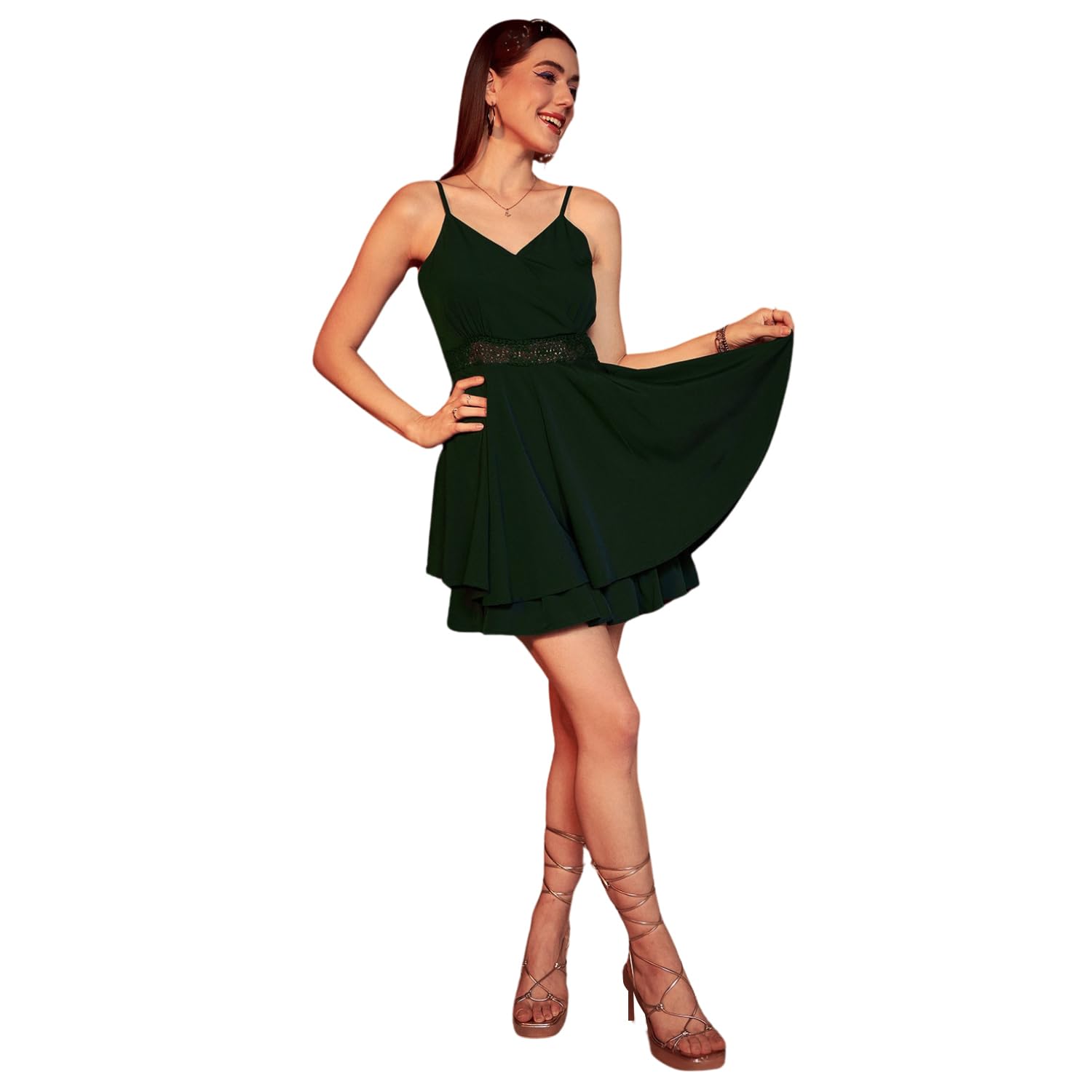 Women Solid V-Neck Sleeveless Lace-Up Waist Crepe Layered Mini Jumpsuit-image-43
