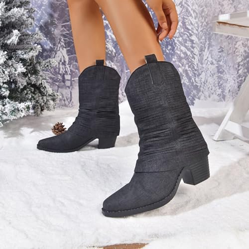 Bottes en daim mi-mollet au talon épais stable de 6,5 cm - 7