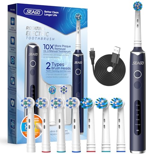Seago brosse à dent électrique, brosse à dents rotative avec 2 boutons, 5 modes avec 8 têtes, minuterie intelligente, 2 types de têtes rondes, SG2603 (Bleu)