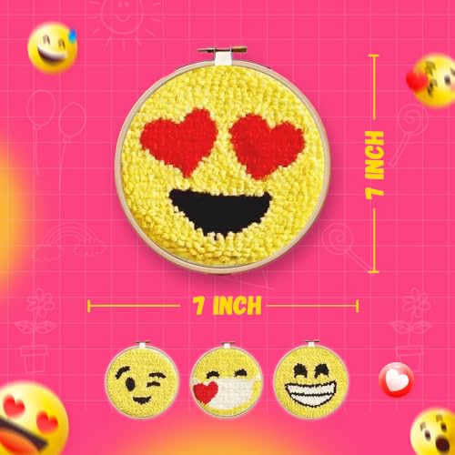 Image of KREEDA Punch Needle Embroidery Kit, DIY Creative Activity, Emoji Embroidery DIY kit, With Wooden Hoop Monk Clothes and Woolen Yarns. Gifts for Girls & Boys Ages 6, 7, 8, 9, 10, 11, 12 (Punch Needle Emoji)