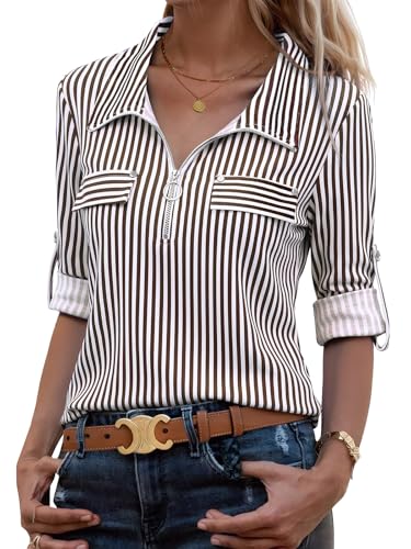 Image of Womens 3 /4 Sleeve Tops Plus Size V Neck Zipper Business Casual Blouses for Office & Going Out Soft Knit Tunics, M-3XL