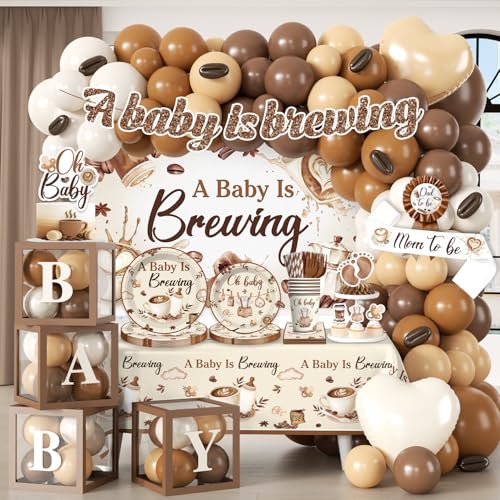 295pcs A Baby is Brewing Baby Shower Decorations for Coffee Themed Party All-in-One Coffee Baby Shower Balloon Garland Arch Kit Includes Banner Plates Napkins Cups and Tablecloth Serves 25