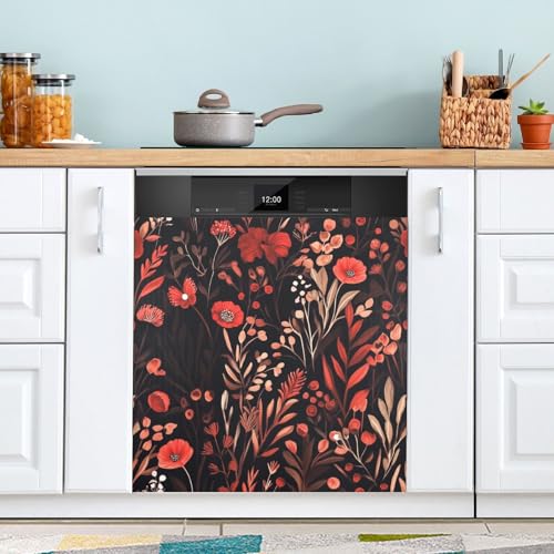 Cubierta magnética para lavavajillas de 58,42 x 66,04 cm, cubierta magnética para puerta de lavavajillas, panel decorativo para armario de cocina, nevera, lavadora, flor roja