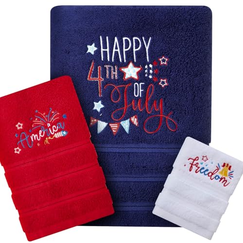 Peryiter 3 Pack Patriotic Bathroom Towels Set Cotton 4th of July Independence Day USA Embroidery 1 Bath Towel 1 Hand Towel 1 Washcloth Red White and Blue for America Kitchen Country Housewarming Gifts by Peryiter - Used condition - US$25.34