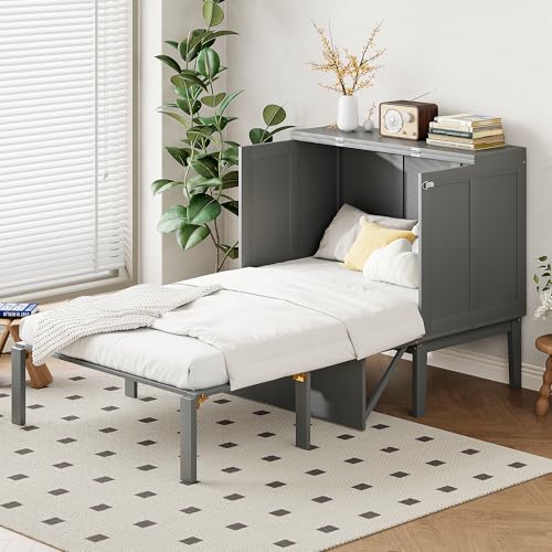 Crlnaup Armario cama 90 x 200 cm, cama de pared con somier, cama plegable de pared, cama vertical con somier, cama juvenil, gris