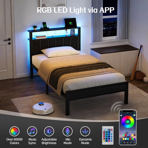 Image of OLEVS Twin Bed Frame with LED Lights & USB Outlets, Platform Twin Bed with Storage Headboard, No Box Spring Needed, Easy Assembly