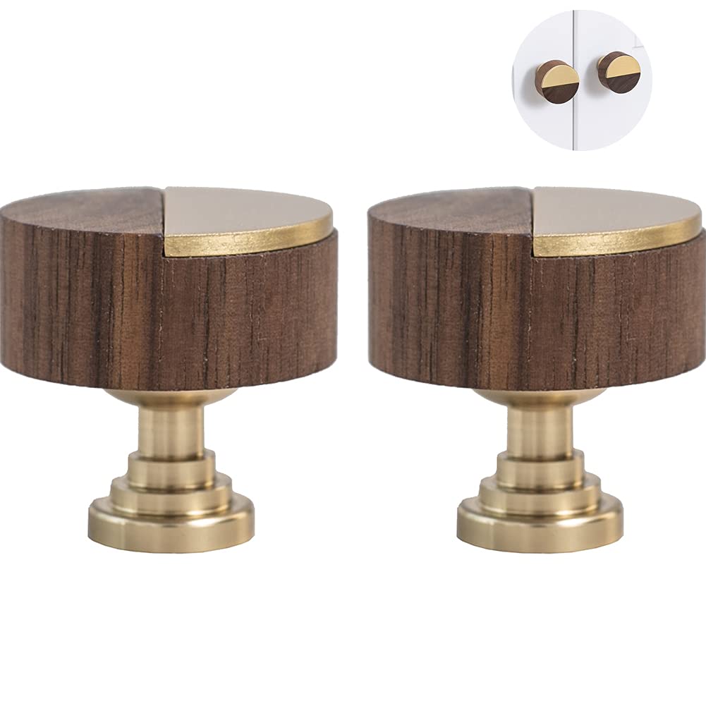 Kelendle 2Pcs Kitchen Cabinet Knobs Brass&Walnut Dresser Drawer Knobs Round Door Knobs Decorative Cupboard Pull Furniture Cabinet Hardware Handle