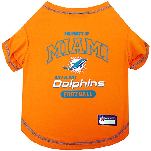 Image of NFL Miami Dolphins Dog T-Shirt for Pets, Size Large. Officially Licensed Pet Shirt with Team Logo, Soft Stretchable Comfort Fit Apparel for Dogs & Cats
