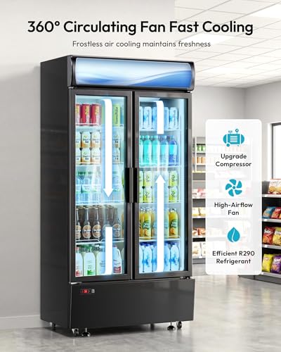 Image of 21 cu.ft Commercial Refrigerators, Beverage Fridge with LED Light, 2 Glass Door Drink Merchandiser with 8 Adjustable Shelves, 32-50F Digital Control ETL Certified Black