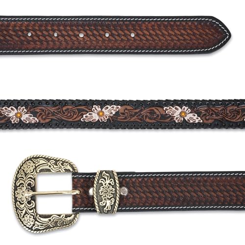Image of Western Leather Belt for Men & Women, Floral Embossed Cowhide, Durable Rodeo Style for Jeans, Casual Wear & Country Outfits