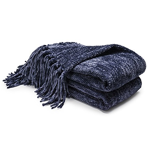 DOZZZ Thick Fluffy Chenille Knitted Throw Blanket with Decorative Fringe and Striped