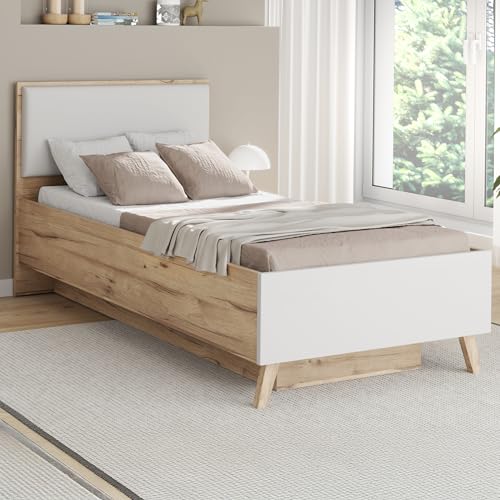 Forte VANKKA Bettgestell, Liegefläche: 90 x 200 cm, modernes Bett mit Polsterkopfteil, Einzelbett, Schlafzimmer, Holzwerkstoff, Planked Eiche...