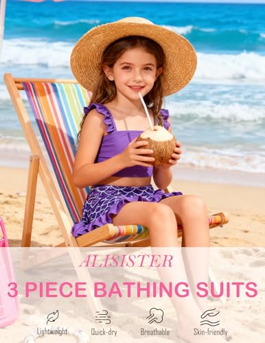 Image of ALISISTER Girls Swimsuit 3 Piece Bathing Suits Summer Bikini Tankini Sets with Cover Up Skirt for 4-12 Years