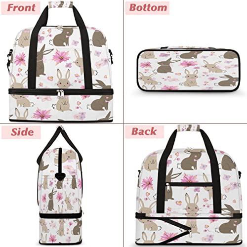 Travel Duffel Bag Cute Flower Bunny Rabbit Sport Gym Bag for Woman Man,Waterproof Foldable Weekend Overnight Bag for Yoga Workout Training with Shoe Compartment3