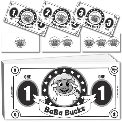 LIL ADVENTS Baba Bucks: Age 18M+ Educational Behavior Incentive Rewards - for Toddlers & Kids Visually Count, Collect & Cash in - $1 $2 $3 Bills - 100 Perforated Paper Sheets
