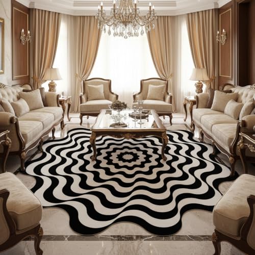 Optical Illusion Irregular Shaped Round Rug 6ft Black and White Ultra Soft Modern Washable Area Rugs for Living Room Bedroom Dining Room Nursery Unique Non-Slip 3D Texture Playroom Art Carpet