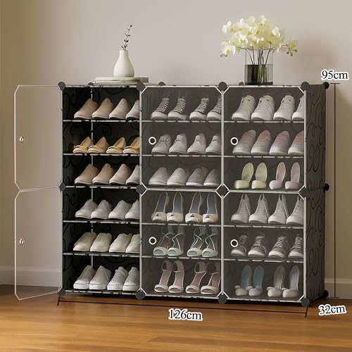 Image of Zemic Multiuse Modular Plastic Shoe Rack for Home with Door | 𝟏𝟖 𝐒𝐡𝐞𝐥𝐟 Stackable Organizer | Waterproof & Dustproof | Space Saving Storage for Home, Bedroom & Entryway【Black, 6-Door-18-Shelf】