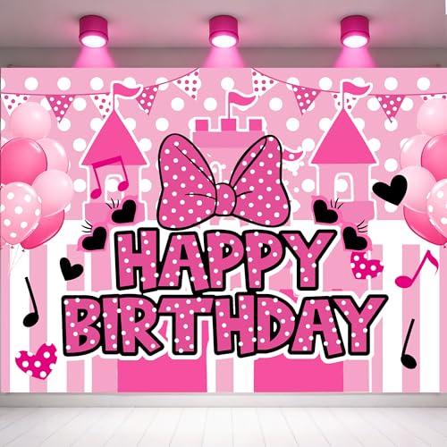 Pink Birthday Party Supplies Mouse 2nd Birthday Party Supplies Backdrop for Girls Kids Pink and Black Birthday Decorations Happy Birthday Banner Backdrop