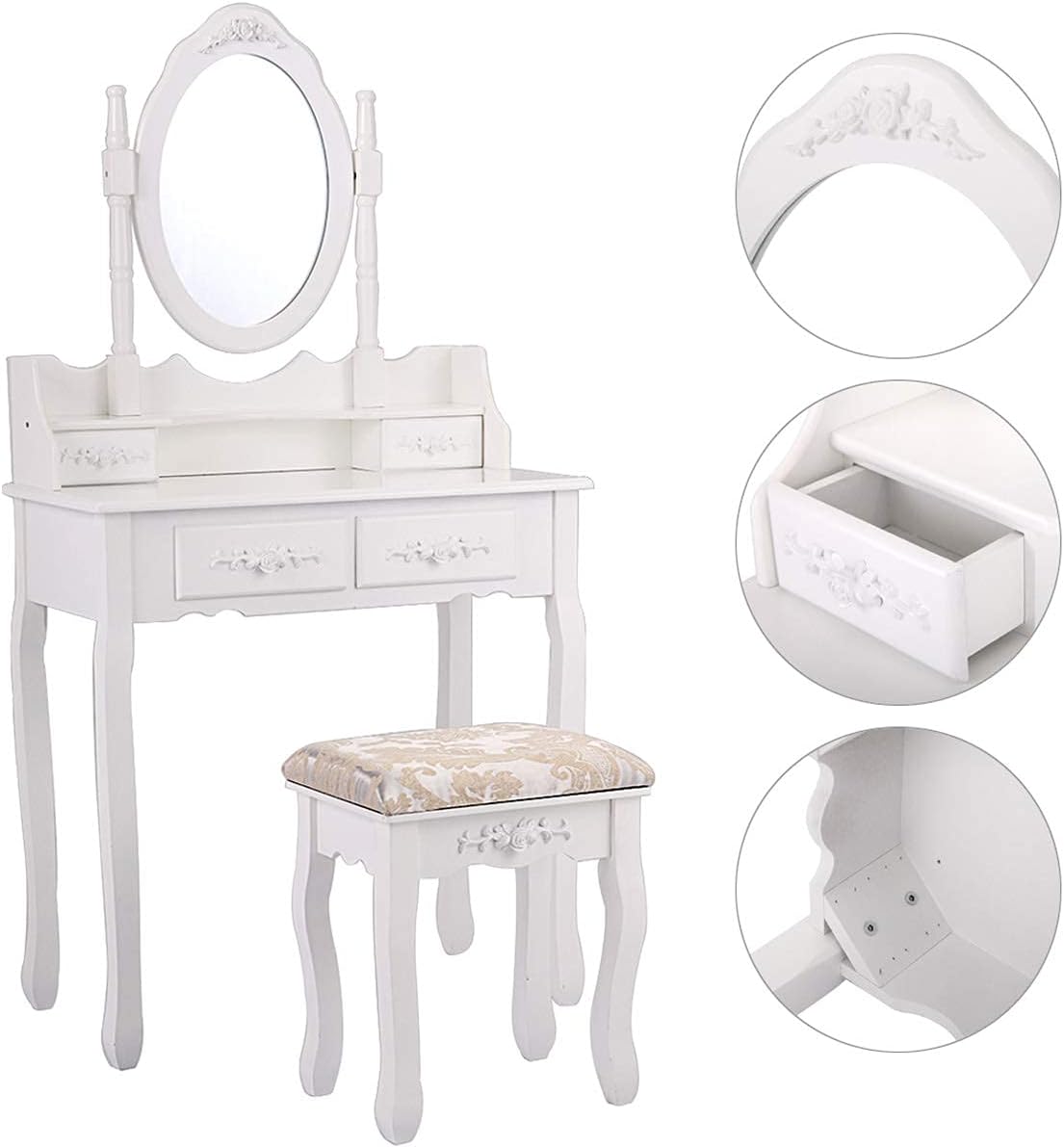 JAXPETY Vanity Table Set with Mirror and Cushioned Stool,Modern Makeup Dressing Table Vanity Set with 4 Drawers for Bedroom Living Room Home Hotel,White