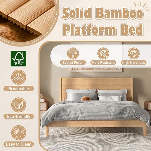 Image of Bellemave Queen Size Bamboo Bed Frame with Headboard,Bamboo Platform Bed Frame Queen Size with Tall Headboard and Wood Slats,Easy Assembly,Natural
