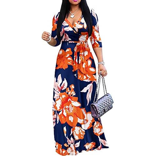 FANDEE Plus Size Maxi Dress for Women Casual Summer Sundress V-Neck 3/4 Sleeve