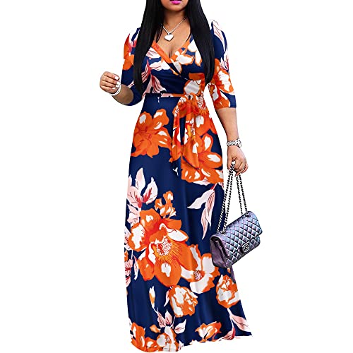 Image of FANDEE Plus Size Maxi Dress for Women Casual Summer Sundress V-Neck 3 /4 Sleeve