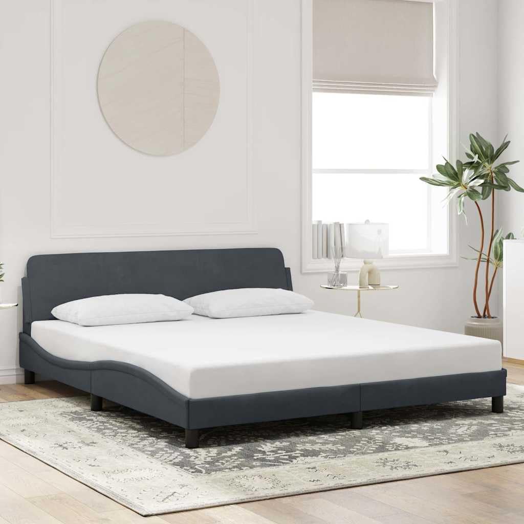 Modern Dark Grey Velvet Bed Frame with Curved Headboard, Sturdy Platform Foundation, Slatted Durable Design, Easy Assembly, Nonslip Mattress Support for Bedroom Storage