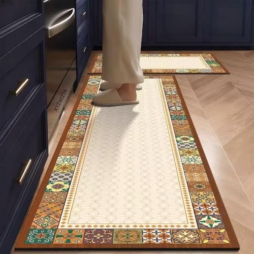 Image of KIMEE 2 PCS Kitchen Mat Set, Non-Slip Washable Kitchen Floor Rugs for Sink Area, Counter Space & Laundry Room, Low Pile Runner Mat Set, 120 x 40 cm + 60 x 40 cm, Cream Circle Geometric Pattern