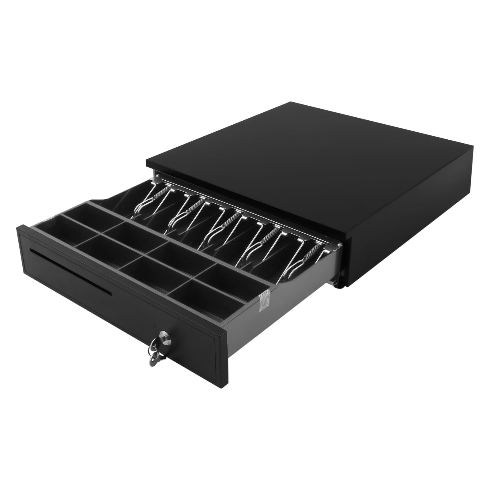 Cassetto per cassa leggero con 5 scomparti per banconote e 8 scomparti estraibili per monete e chiave, apertura nero, con cavo Rj11 per negozi
