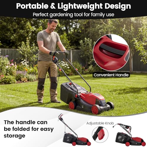 Image of DORTALA Lawn Mower, Corded 14 inch Electric Push Mower, 3-Position Cutting Height Adjustment, 9.3 Gal Grass Collection Box, 12 AMP Motor, 1500W, Lightweight Walk-Behind Mower for Small Medium Yard (Red)