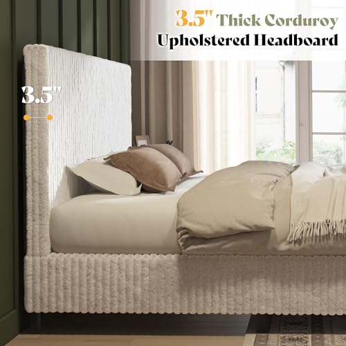 Image of AMERLIFE Queen Bed Frame, Upholstered Metal Platform Bed with Vertical Channel Tufted Headboard, Soft Fabric & Strong Metal Slats, Noise-Free /Easy Assembly, White Queen Upholstered Bed and Headboard