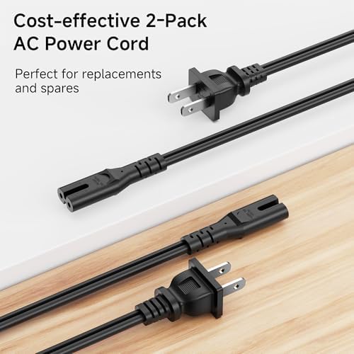 [UL Listed] Cable Matters 2-Pack 2 Prong TV Power Cord, AC Power Cord, 10ft